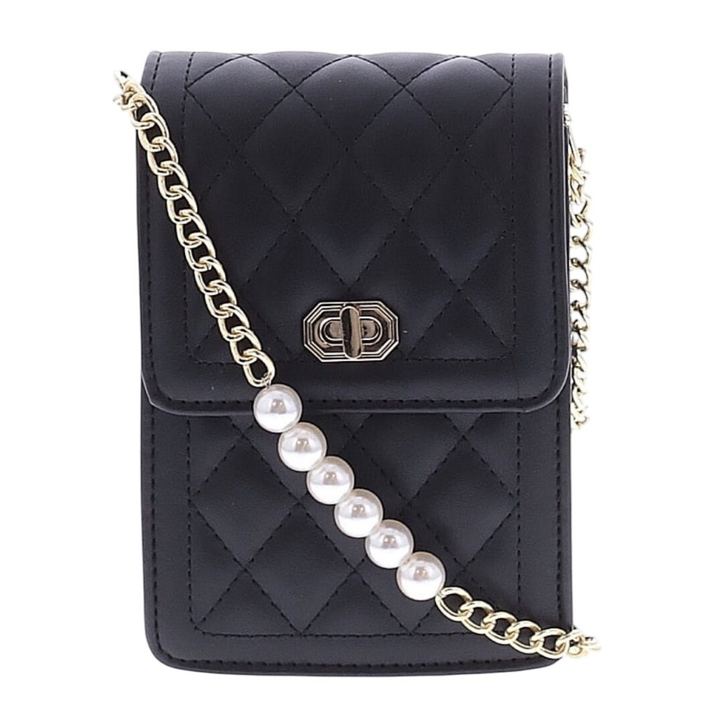 Quilted Cell Phone Crossbody Bag with Pearl Chain Strap Black New